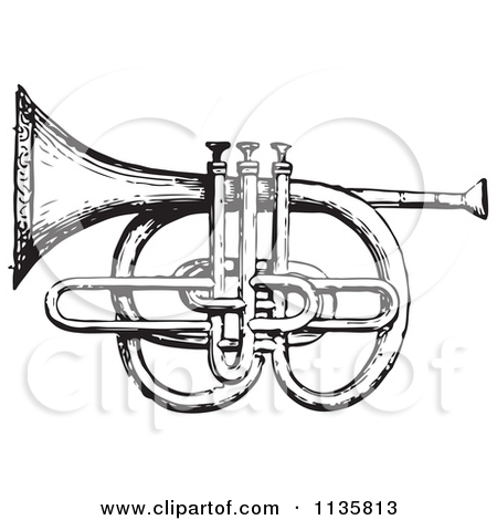 Clipart Of A Retro Vintage Cornet And Pistons In Black And White.