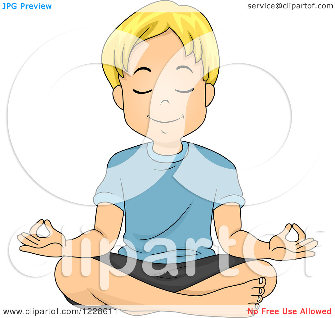 Clipart of a Relaxed Blond Caucasian Boy Meditating.