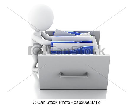 Clipart of 3d White people examines File cabinet..