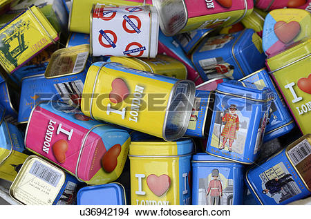 Stock Photo of England, London, Camden Town. Tins of English tea.