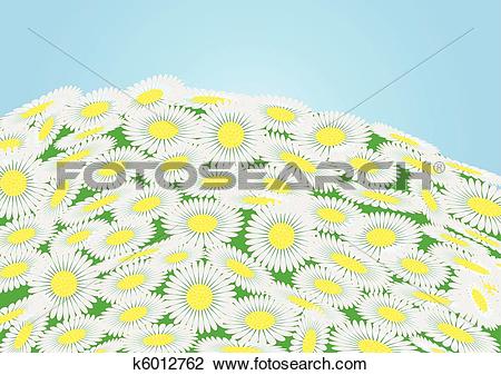 Clipart of Green field with chamomile flowers and blue sky, vector.