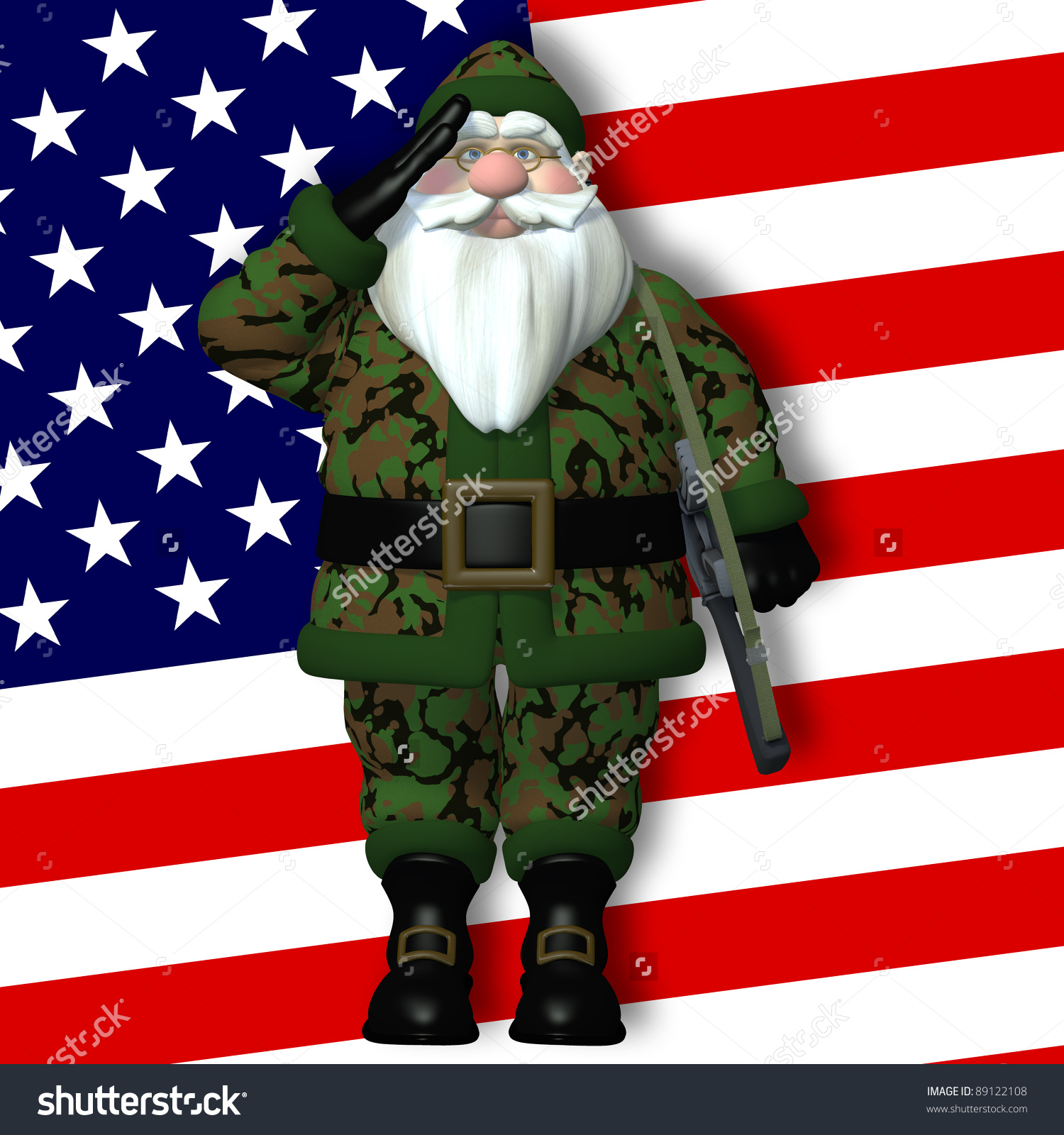 Military Santa Saluting Santa, In Front Of An American Flag.