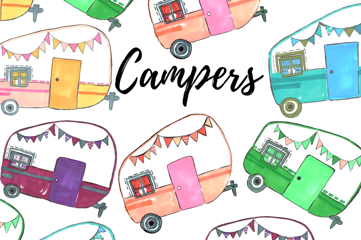 Watercolor Camper Clipart.