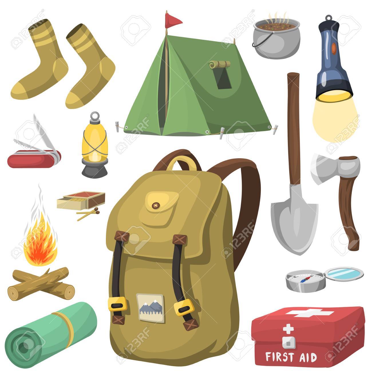 Hiking camping equipment base camp gear and accessories outdoor.