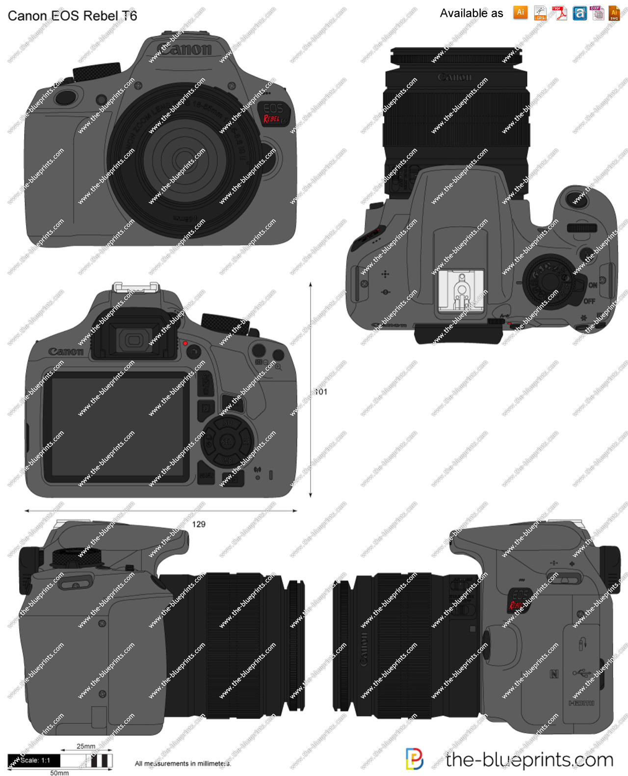 Canon EOS Rebel T6 vector drawing.