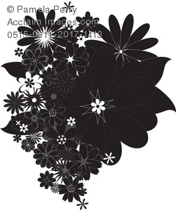 Clip Art Illustration of Black and White Cascading Flowers.