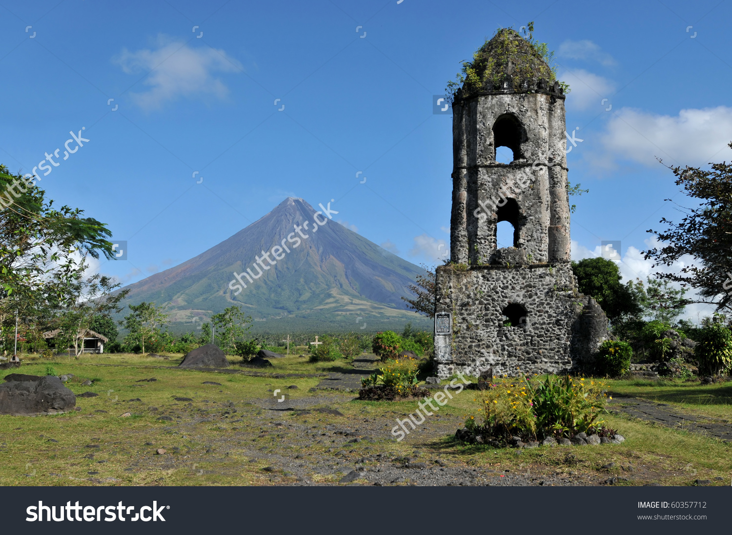 Mayon Volcano Ruins Cagsaua Church Philippines Stock Photo.