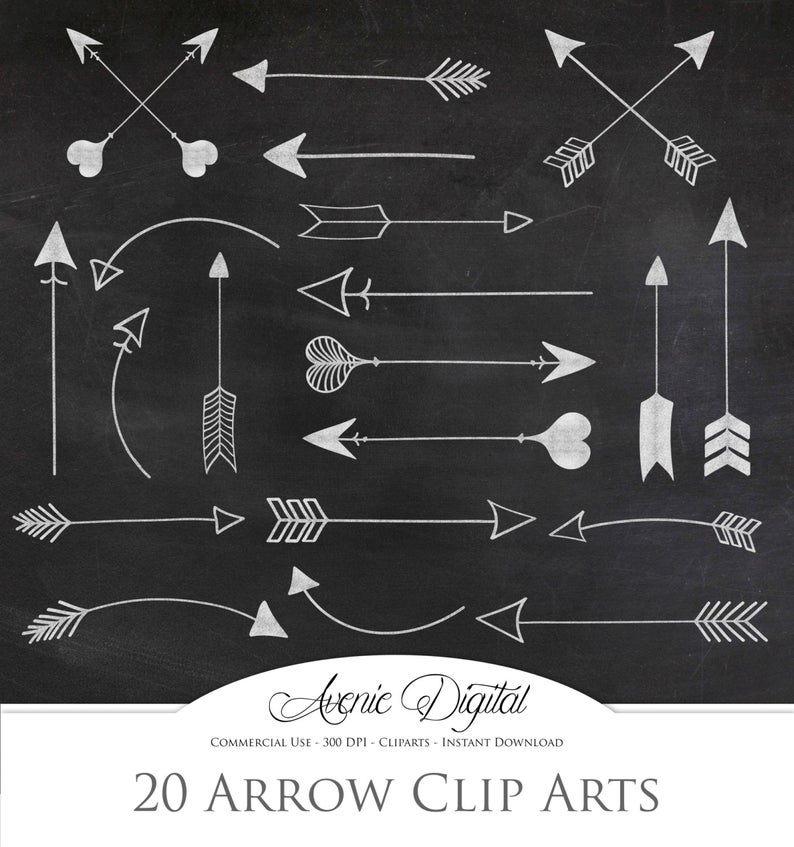 White chalkboard Arrow Clipart . Scrapbook printables, Tribal doodle arrows  Commercial Use. Hand drawn archery graphics for logos Download..