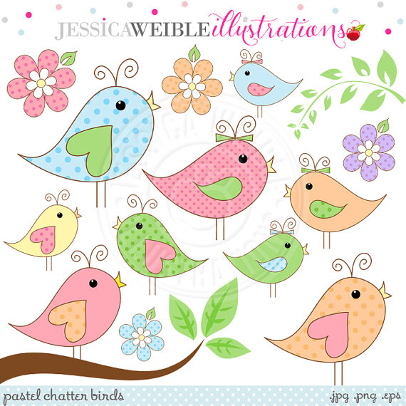 Pastel Chatter Birds Cute Digital Clipart.