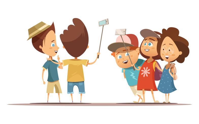 Children Making Selfie Cartoon Style Illustration.