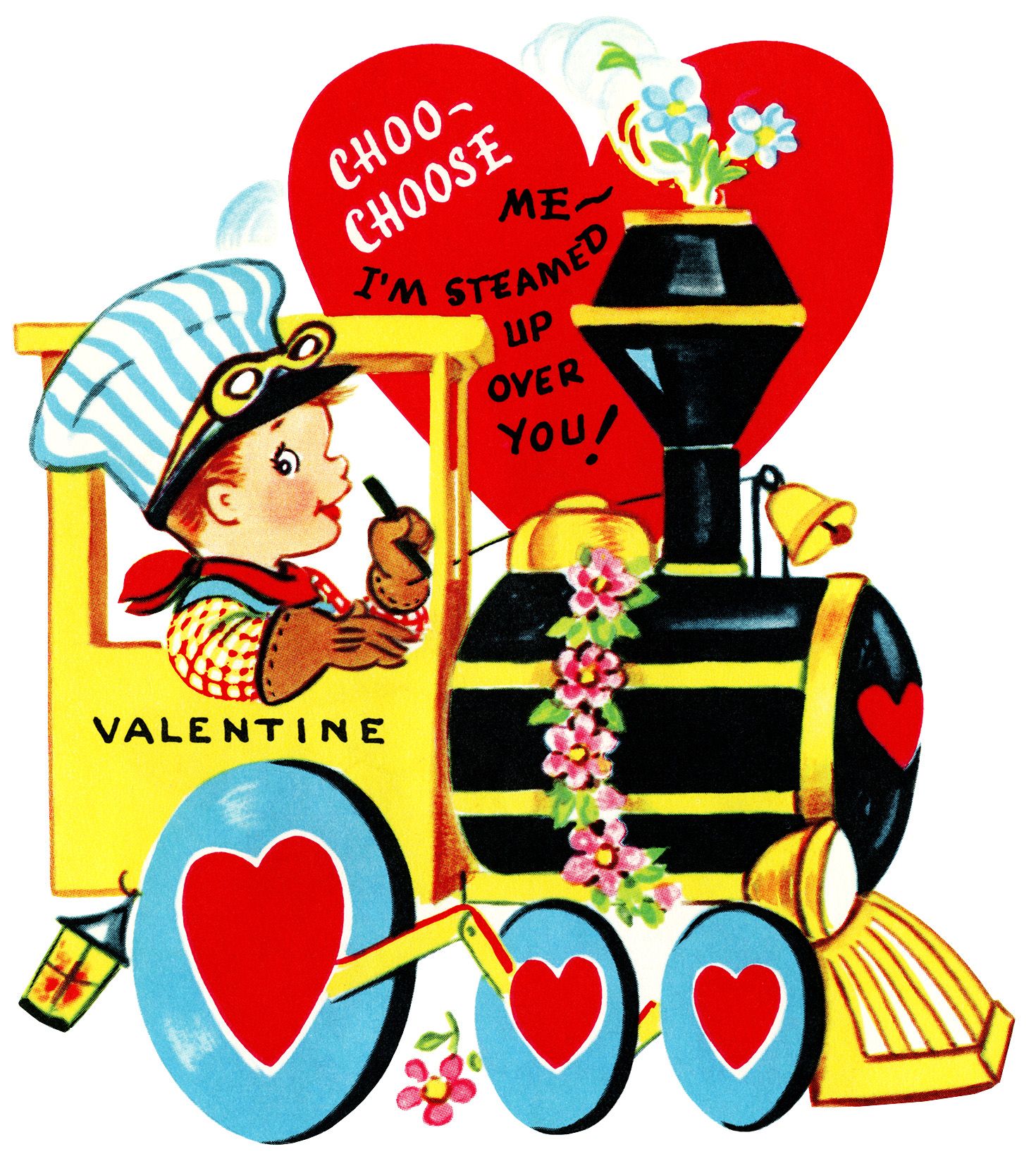 train valentine, vintage valentine clip art, boy engineer.