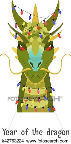 Vector Green chinese dragon head in new year lights Clipart.