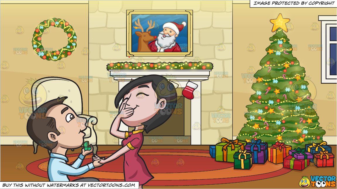 A Man Offering Marriage To His Happy Girlfriend and A Fireplace Beside A  Christmas Tree Background.