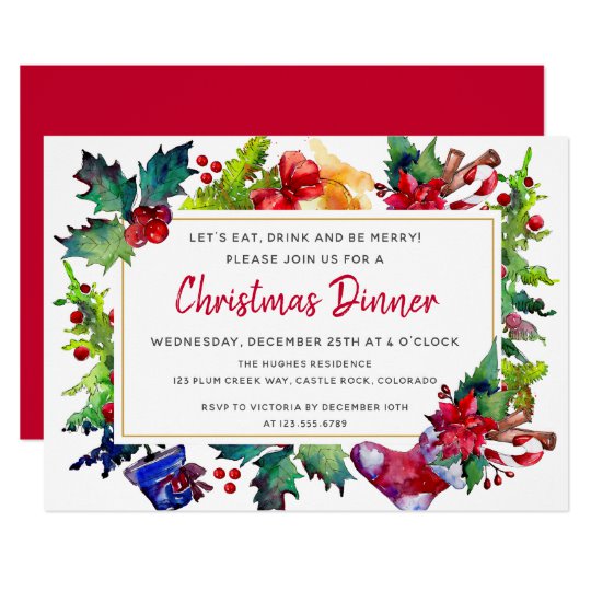 Merry Christmas Modern Watercolor Christmas Dinner Invitation.