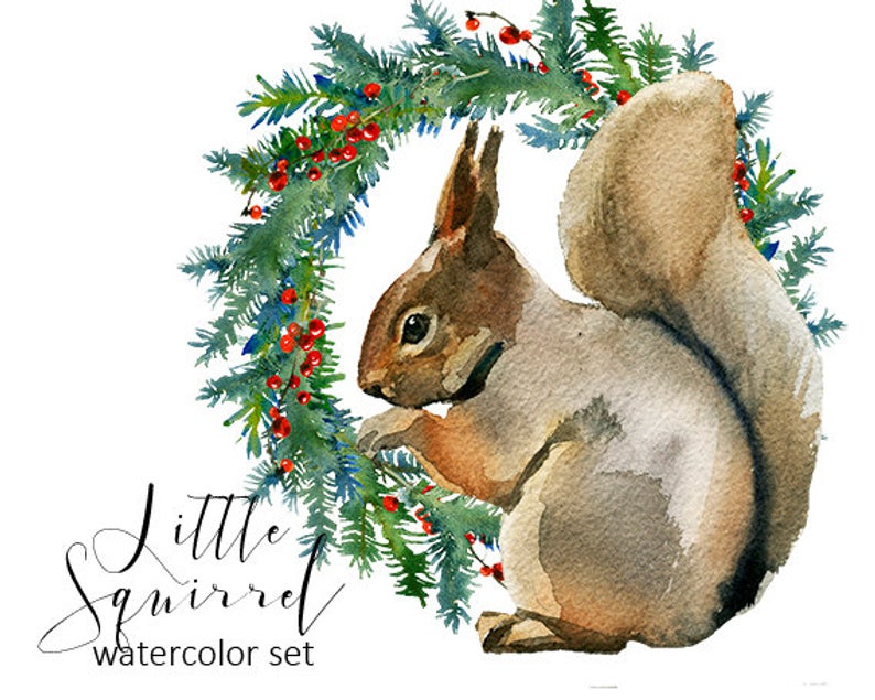 Squirrel Christmas Watercolor Clipart Fur Trees PNG Christmas Winter Forest  Landscape Nursery Decor Children Clip Art Collection Printables.