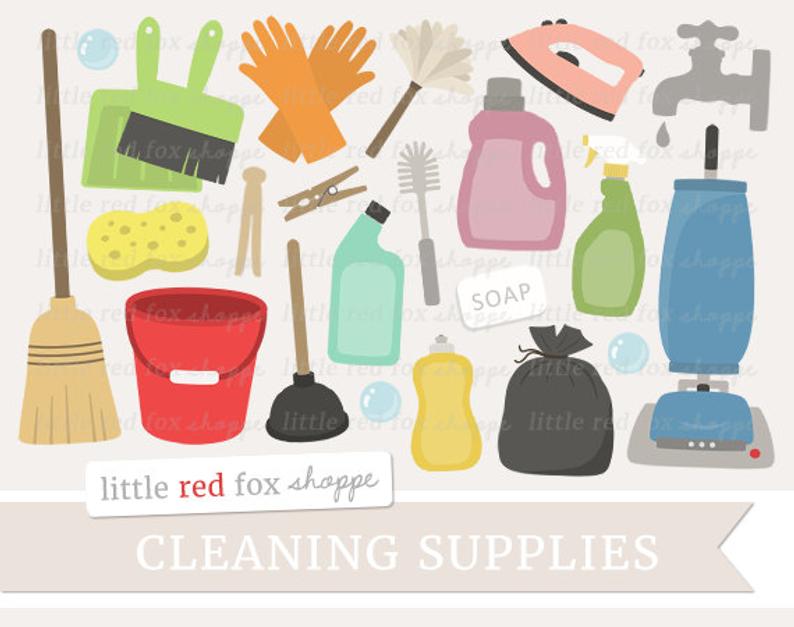 Cleaning Clipart, Cleaning Supplies Clip Art Vacuum Cleaner Laundry Soap  Broom Spray Bottle Cute Digital Graphic Design Small Commercial Use.