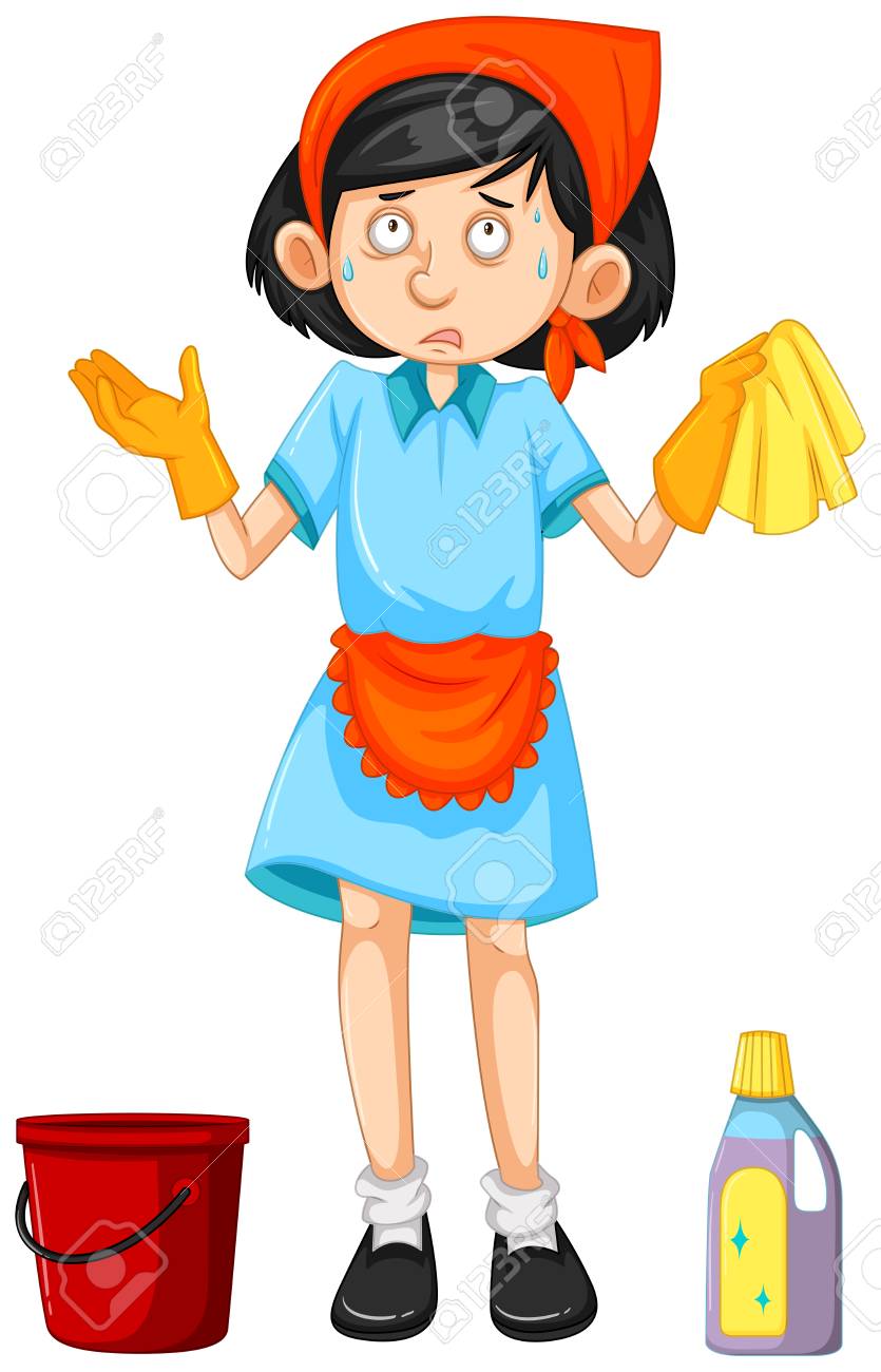 Maid with cleaning tools illustration.