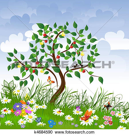 Clipart of Flower clearing with fruit trees k4684590.