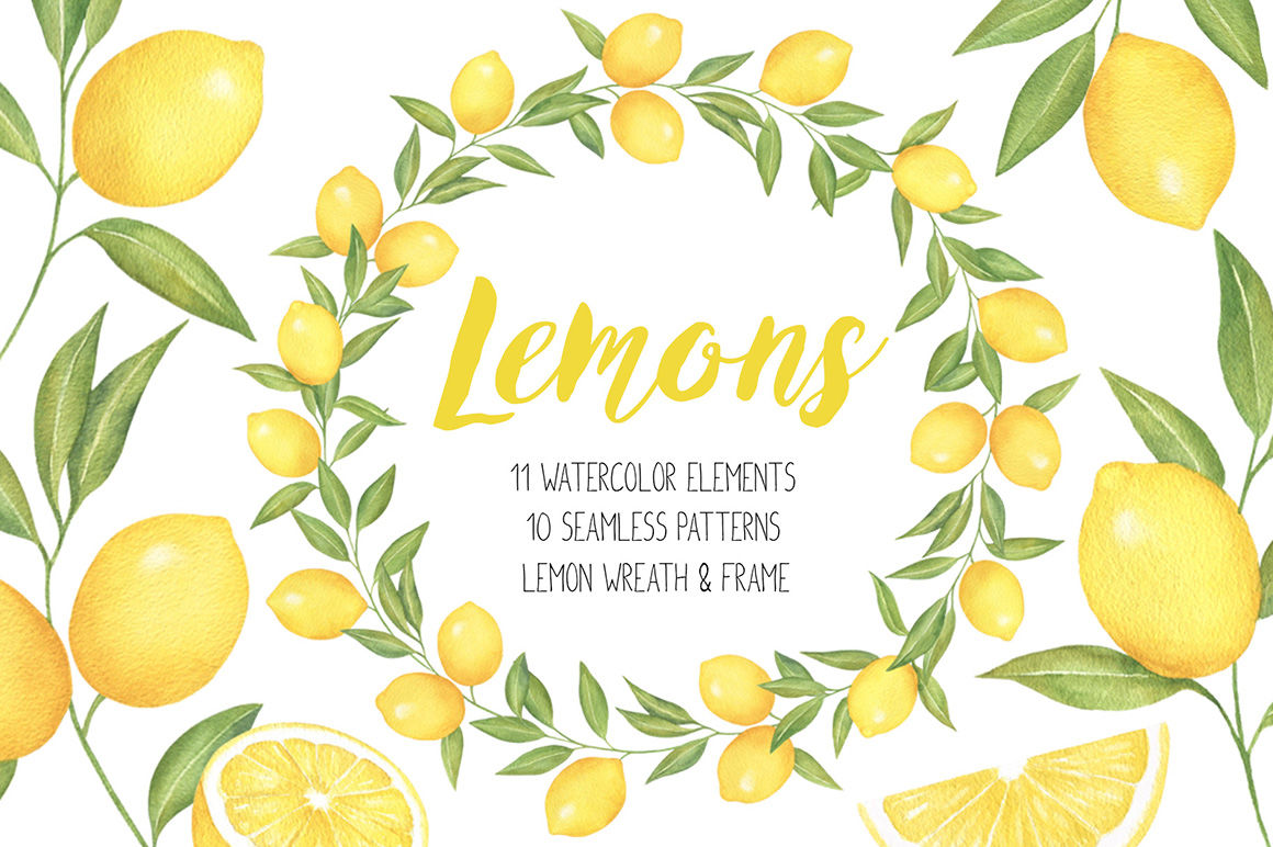 Lemon and Citrus Watercolor Clipart, Lemon wreath, seamless pattern.