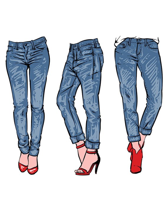 Hand drawn fashion design women's jeans. clipart commercial use.