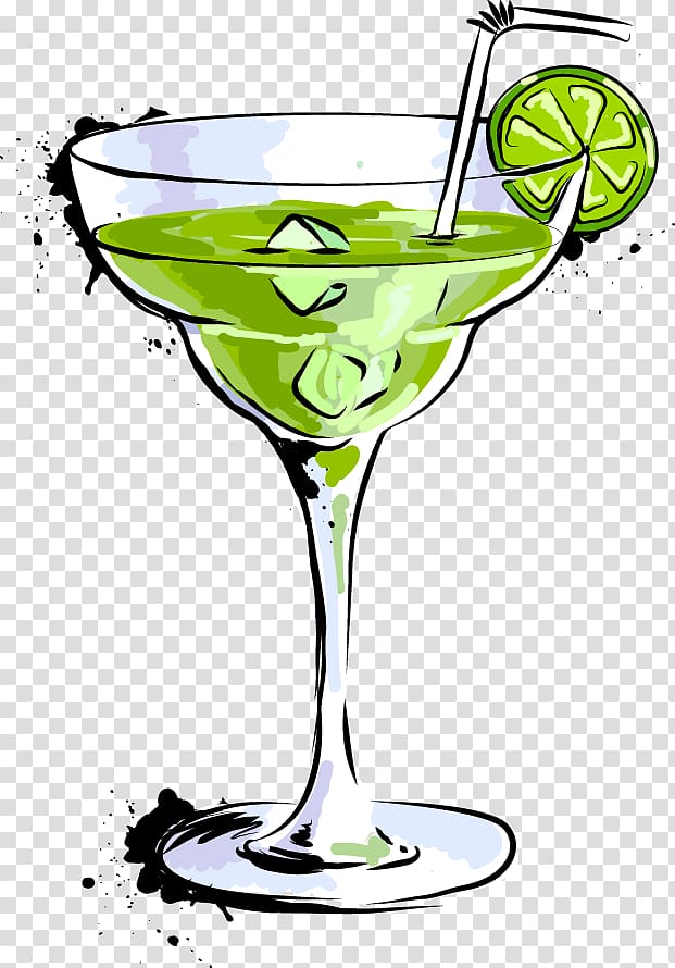 Margarita glass filled with green beverage and fruit slice, Cocktail.