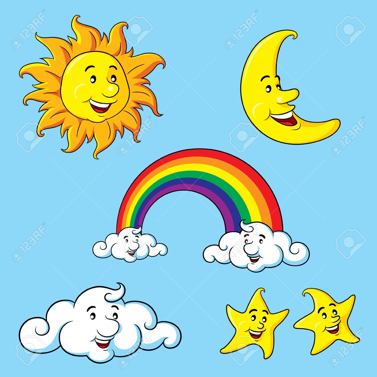 Sun, moon, stars, clouds rainbow cartoon..