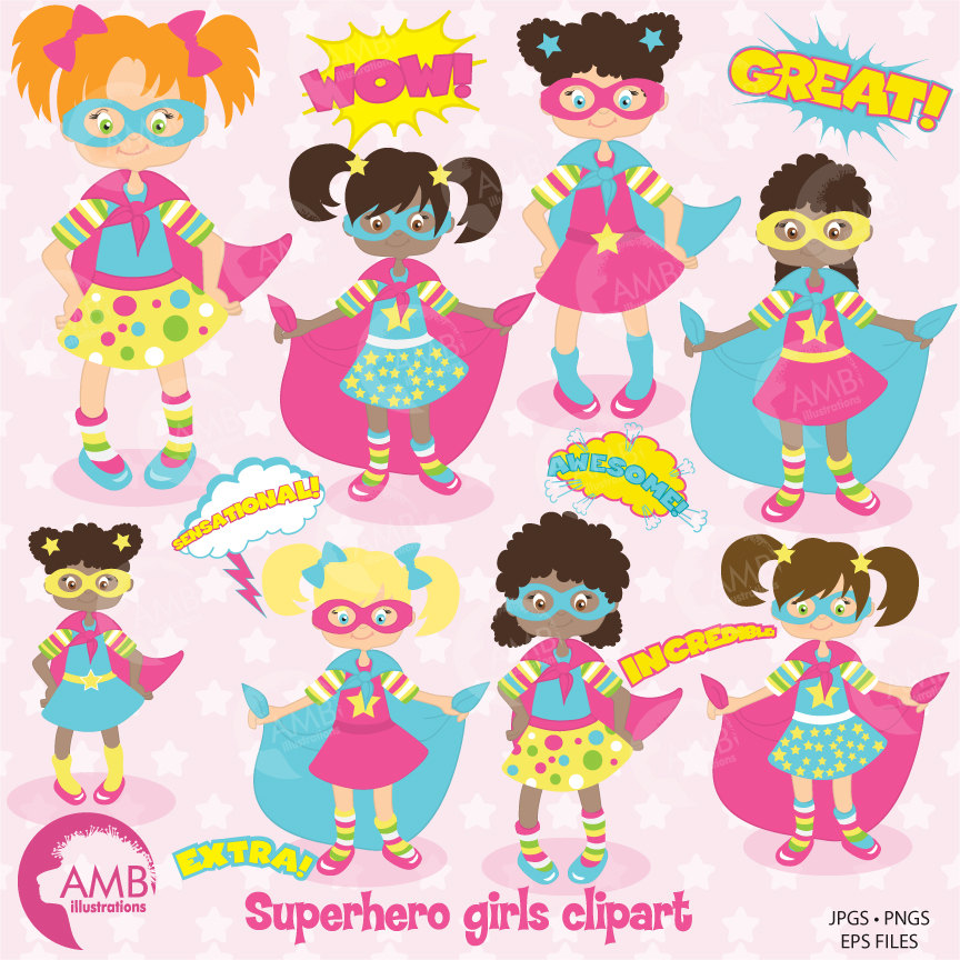 Superhero clipart, Super Girl Clipart in Pinks, Super Hero Girls Clipart,  Super Hero Word Bursts, Callouts, AMB.