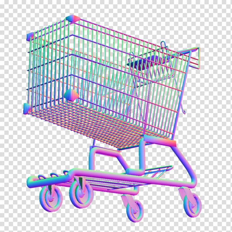 Multicolored wire shopping cart illustration against blue.