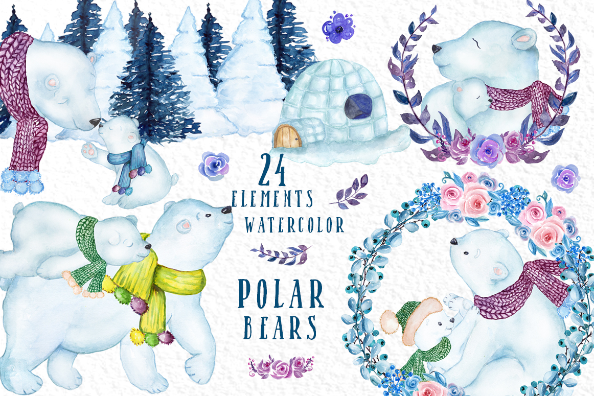 Watercolor Winter Animals, POLAR BEARS CLIPART, Mama Bear.