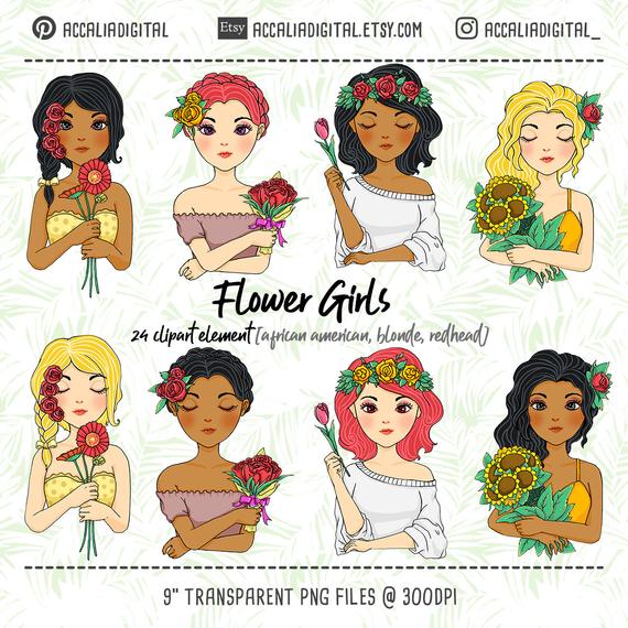 African American flower girl clip art, blonde illustration, cute blonde irl  sticker, beautiful girl clipart, redhead girls sticker.