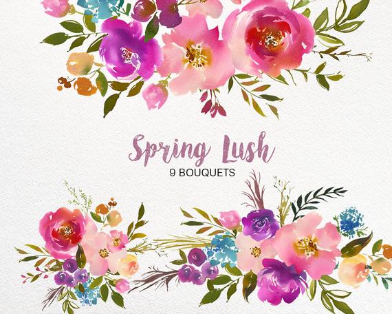 Spring Lush Watercolor Floral Clipart Collection PNG Pink Purple Turquoise  Flowers Green Leaves Bouquets DIY Wedding Invitations Nursery.