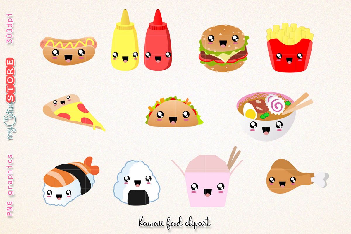 Fast food clipart, cute kawaii dinner clipart and digital stamps. png  graphics clip art set for planner stickers, scraps or digital planning..