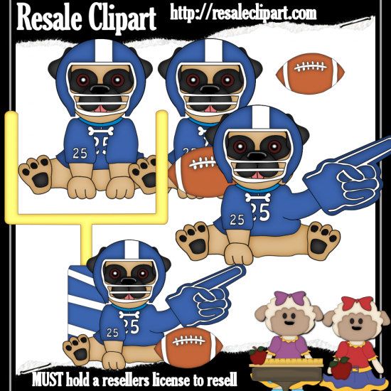 Football Pugs Blue Clipart Digital Download ZIP file by.