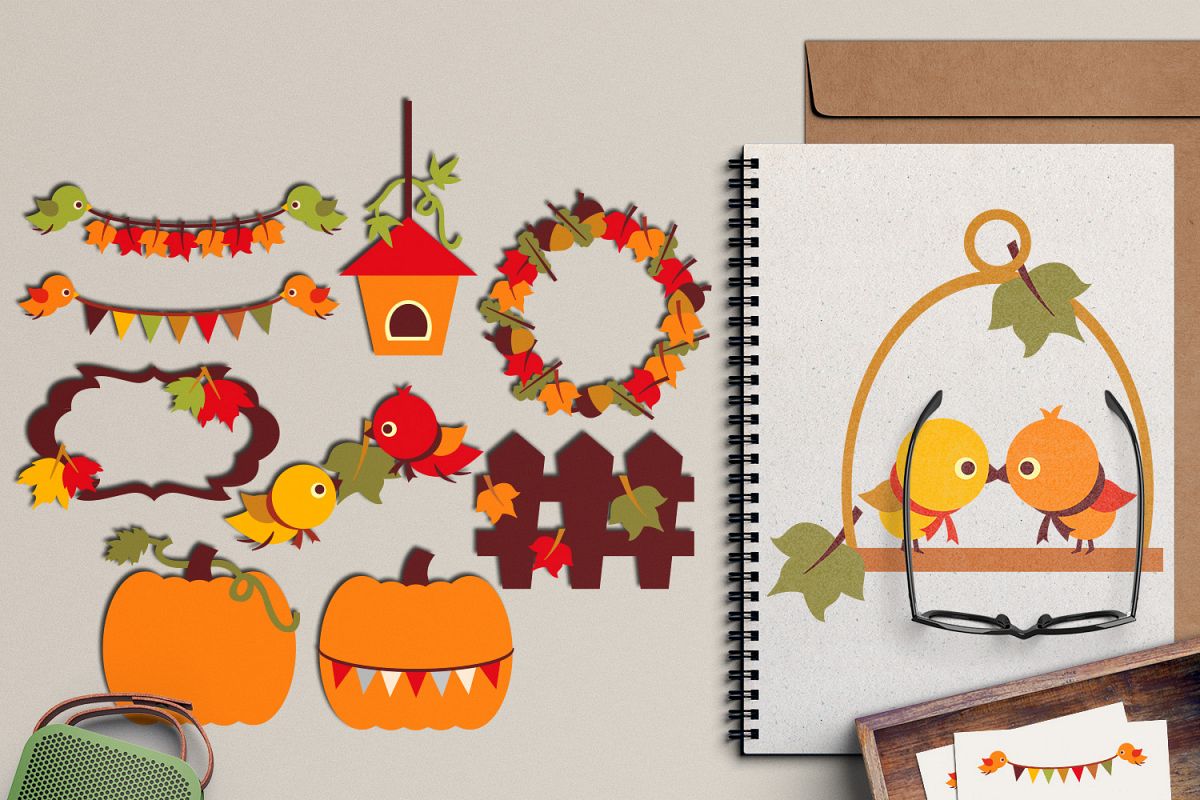 Autumn clipart, autumn leaves, birds, pumpkin, fall season.