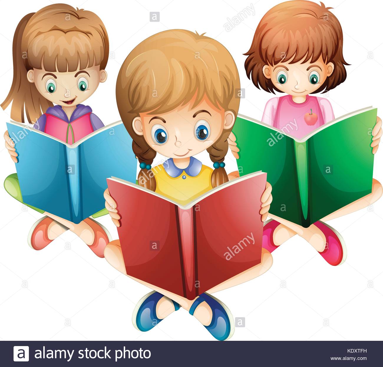 Three girls reading books illustration Stock Vector Art.