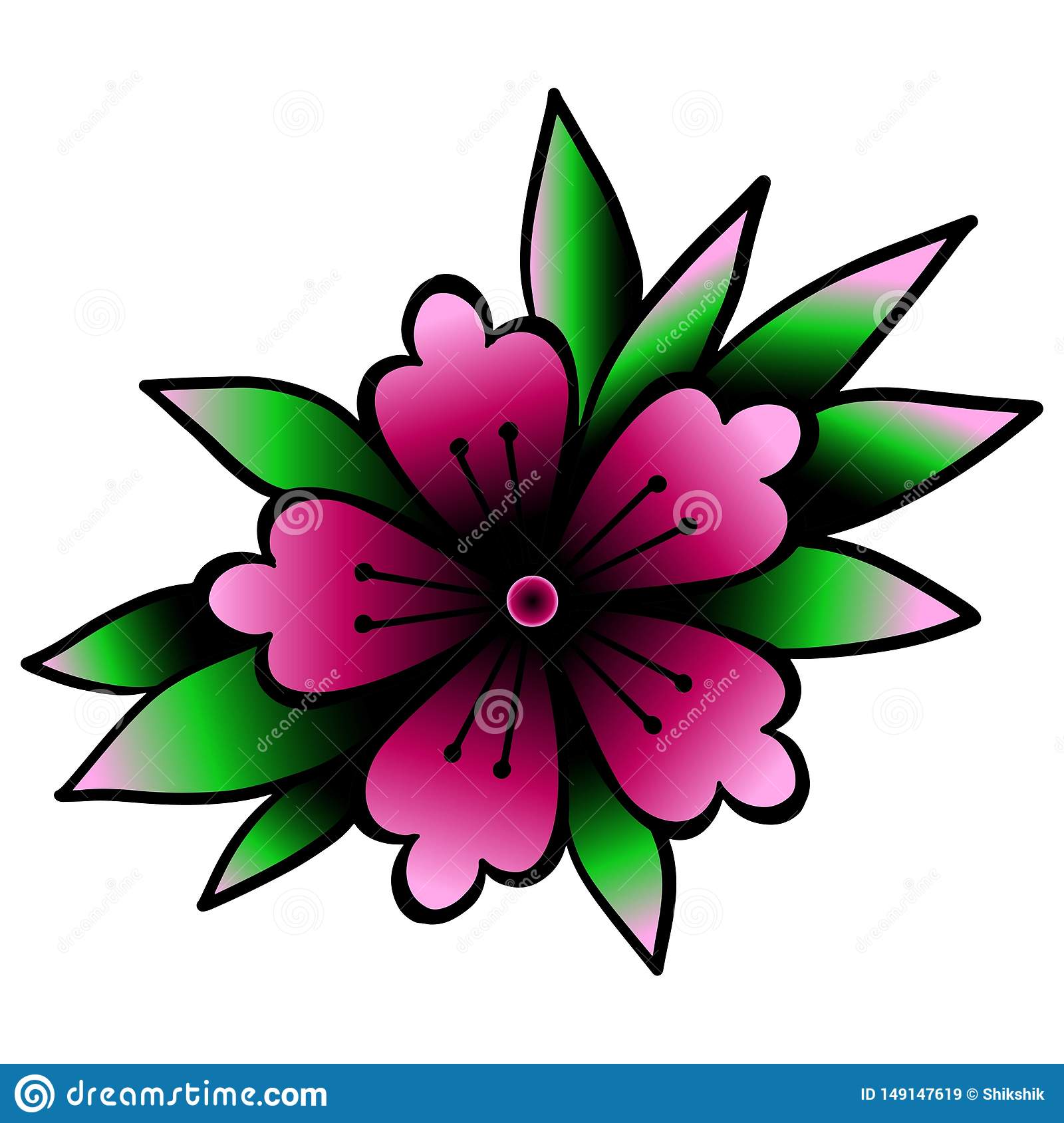 Cherry Blossom. Oldschool Traditional Tattoo Element. Vector Clipart.