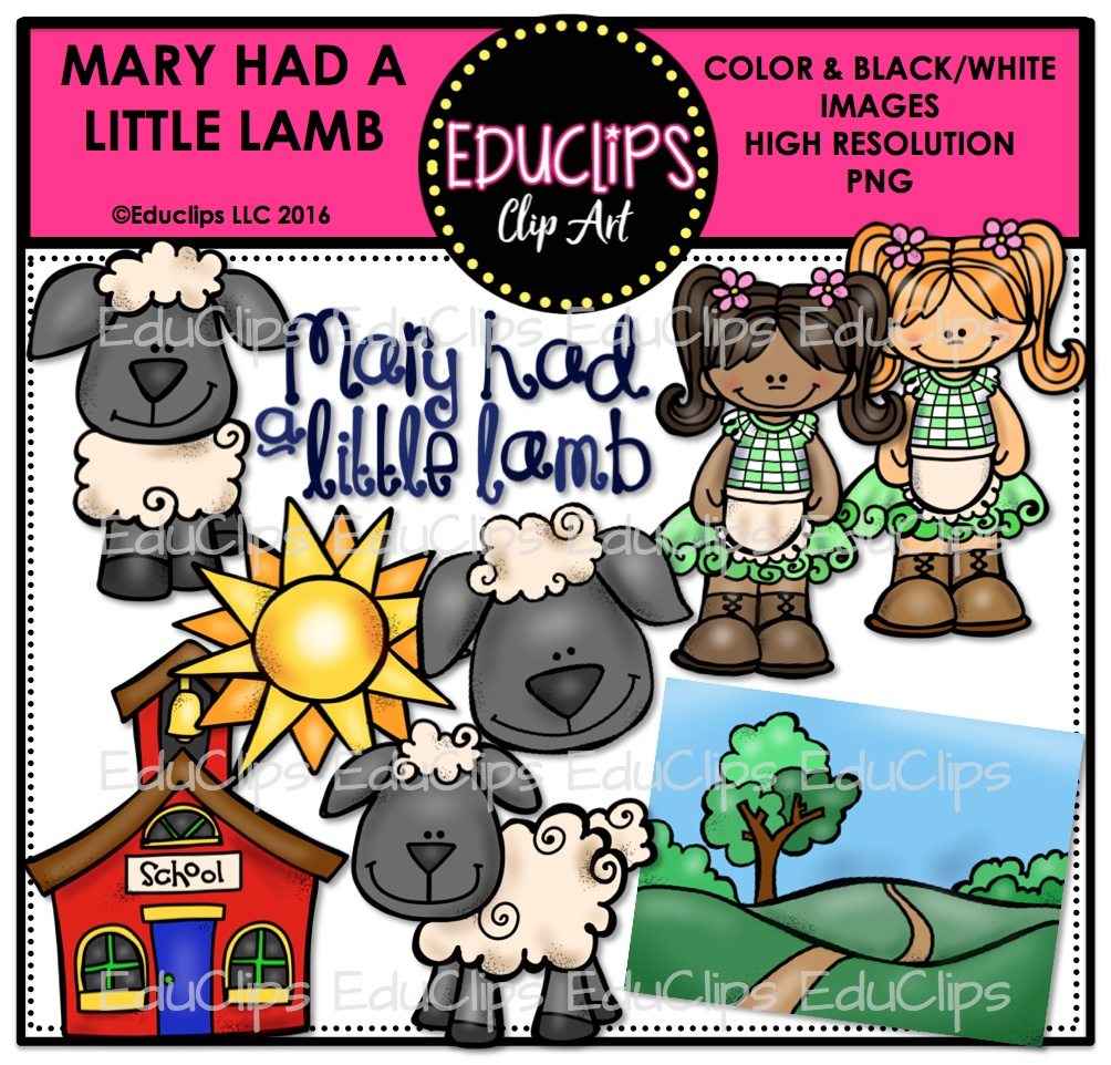 Mary Had A Little Lamb Nursery Rhyme Clip Art Bundle (Color and B&W).