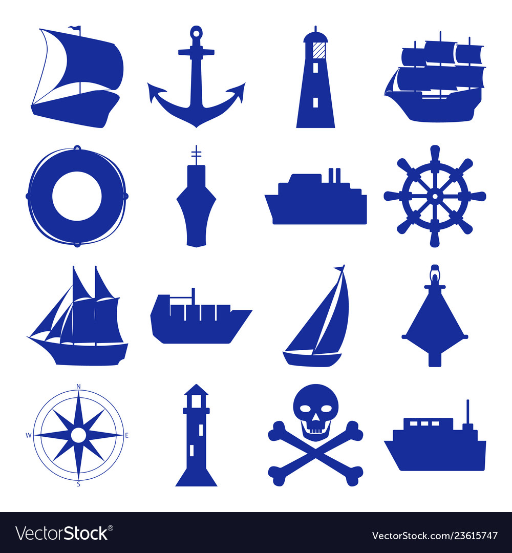 Marine collection of ship silhouette icons in flat.