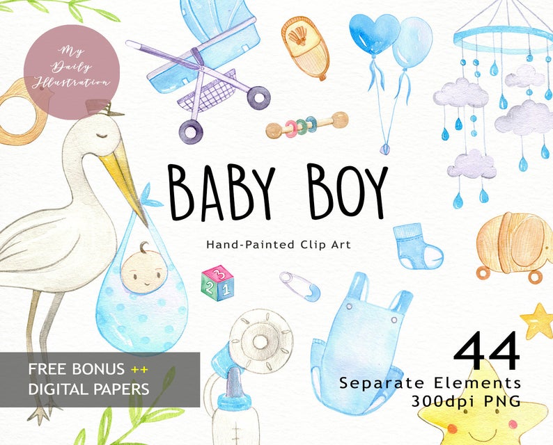 Watercolor baby boy clipart set in png files digital download for baby  shower, newborn art, scrapbook album and planner stickers.