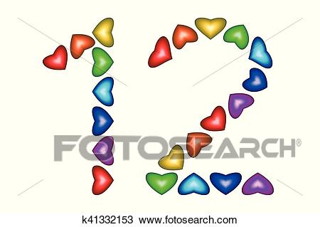 Number 12, twelve made of colorful hearts on white Clipart.