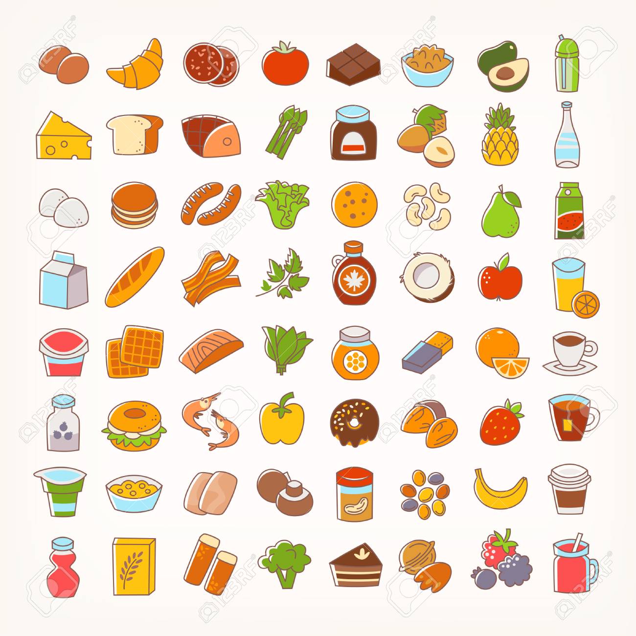 Set of colorful line stroke icons of food groups and goods. Big...