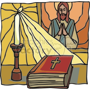 Jesus praying with a candle and bible picture clipart. Royalty.