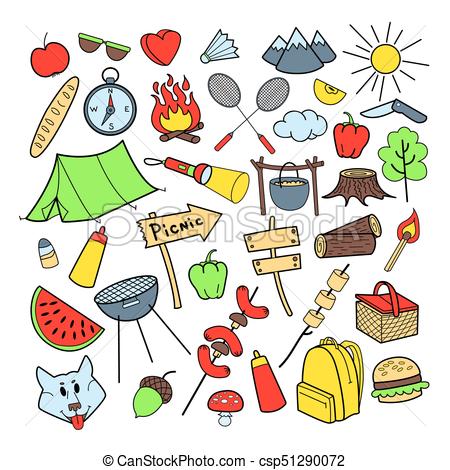 Picnic Hand Drawn Doodle. Outdoor Activities. Food, Nature, Camping  Elements. Vector illustration.