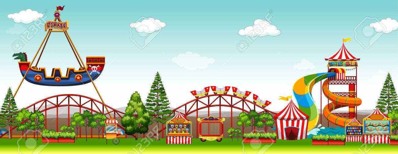 Amusement park scene with rides illustration.