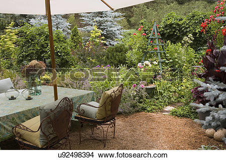 Stock Photo of GARDEN: Wild, gravel path/patio, cannas, roses on.