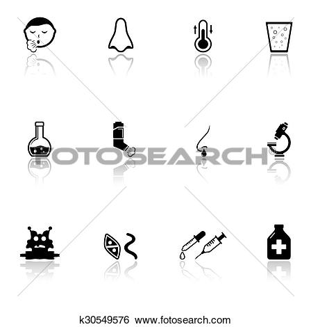 Clip Art of sick icons set with mirror reflection silhouette.