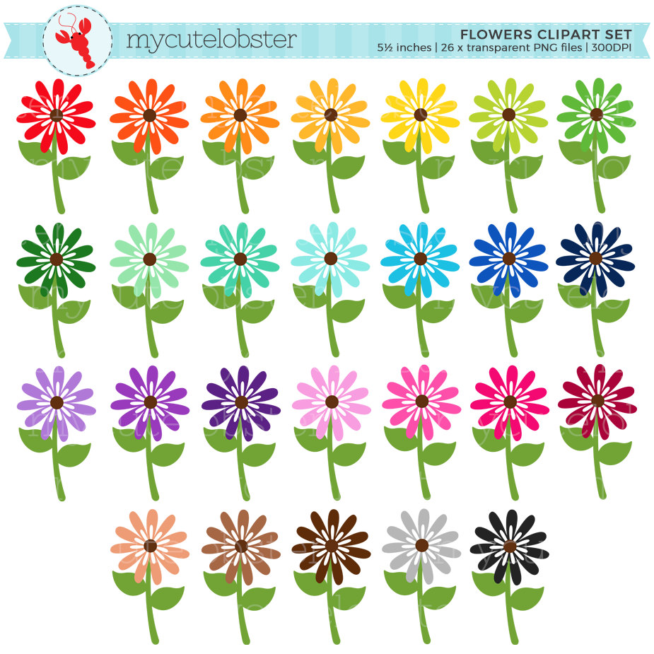 Rainbow Flowers Clipart Set.