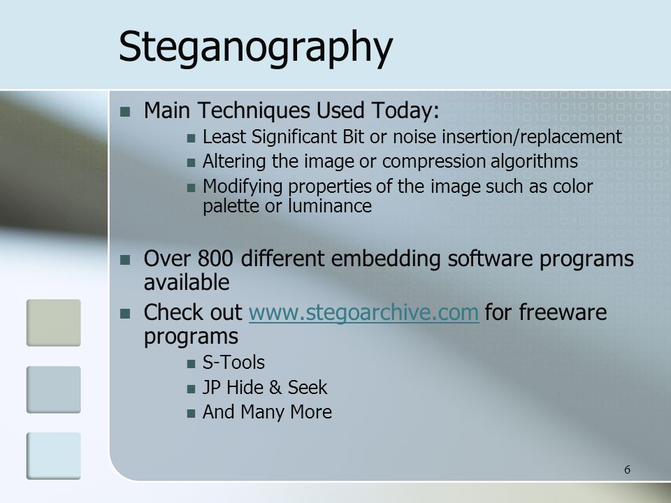 Introduction to Steganography & Steganalysis Laura Walters.