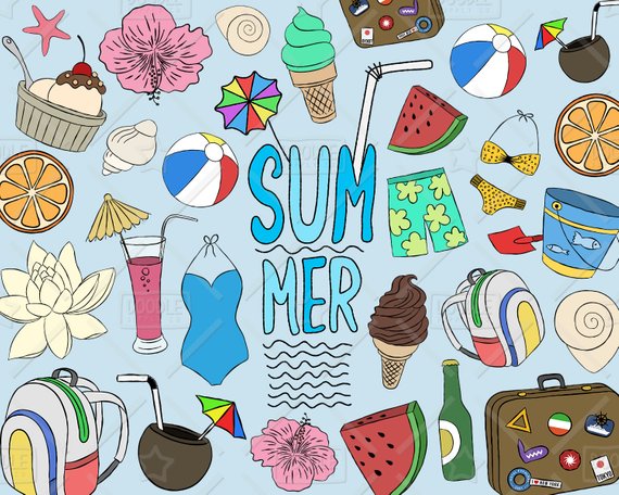 Summer Clipart Vector Pack, Beach Clipart, Summer Doodle.