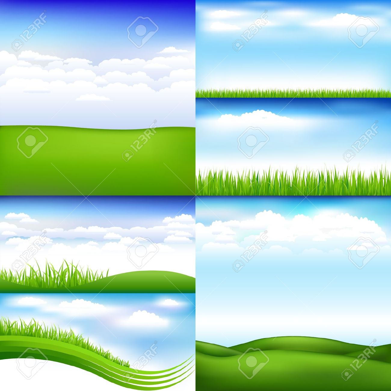 6 Landscapes With Clouds And Grass, Illustration Royalty Free.